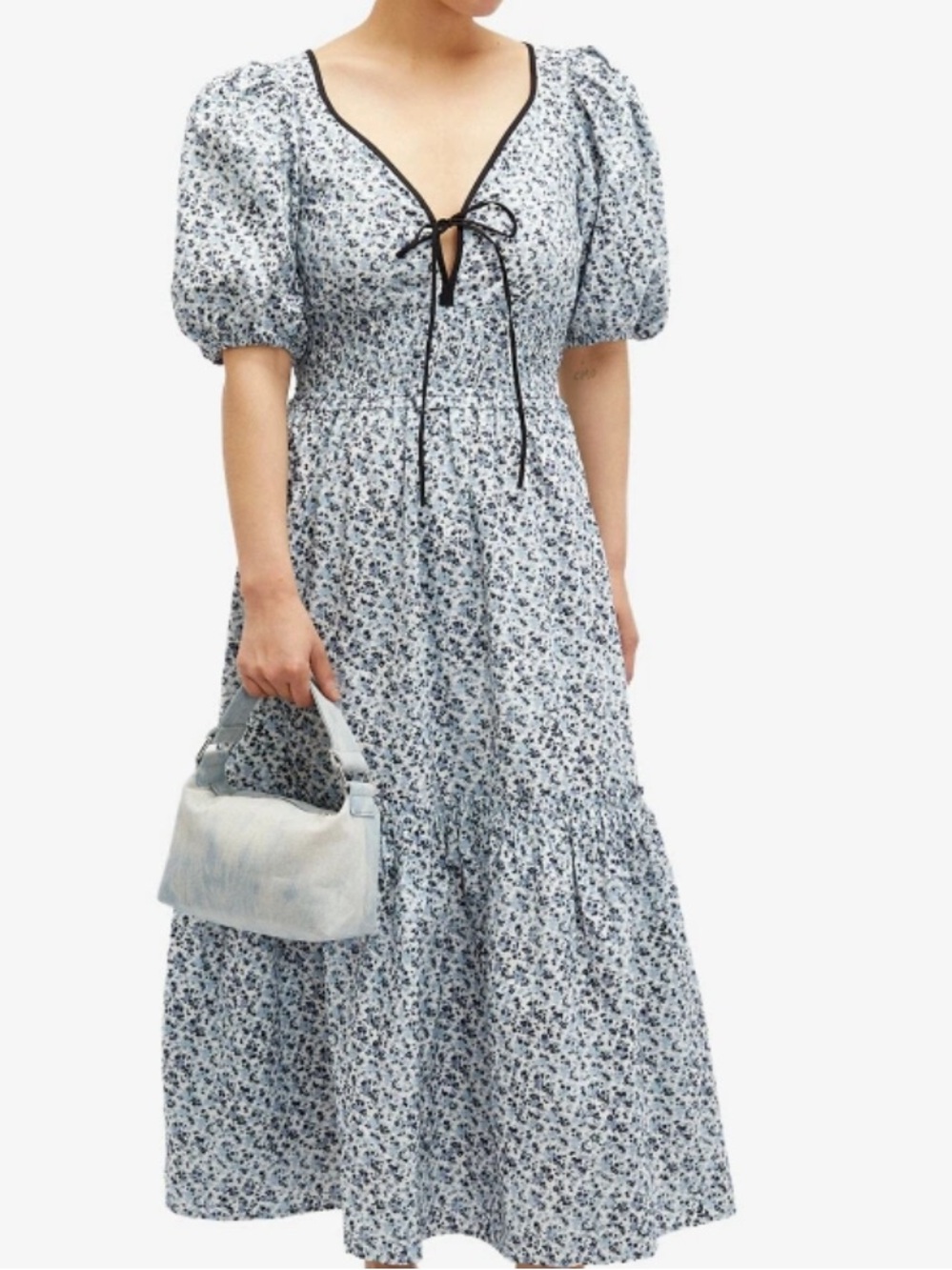 Ganni Blue Floral Puff-Sleeve Long Smock Dress
